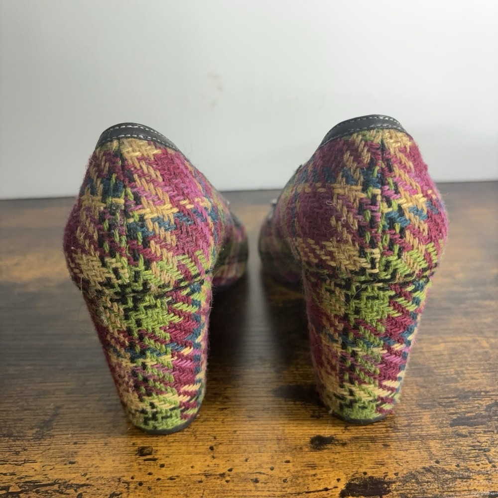 Vero Cucio Tweed Heels Womens 10M Purple Green Plaid Leather Trim - Picture 7 of 11